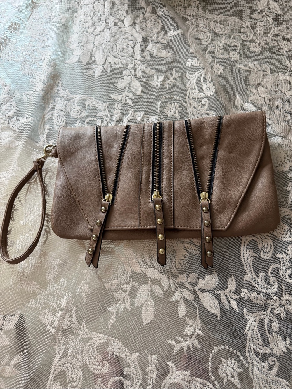 Taupe Wristlet Clutch Bag with Studded Zipper Accents